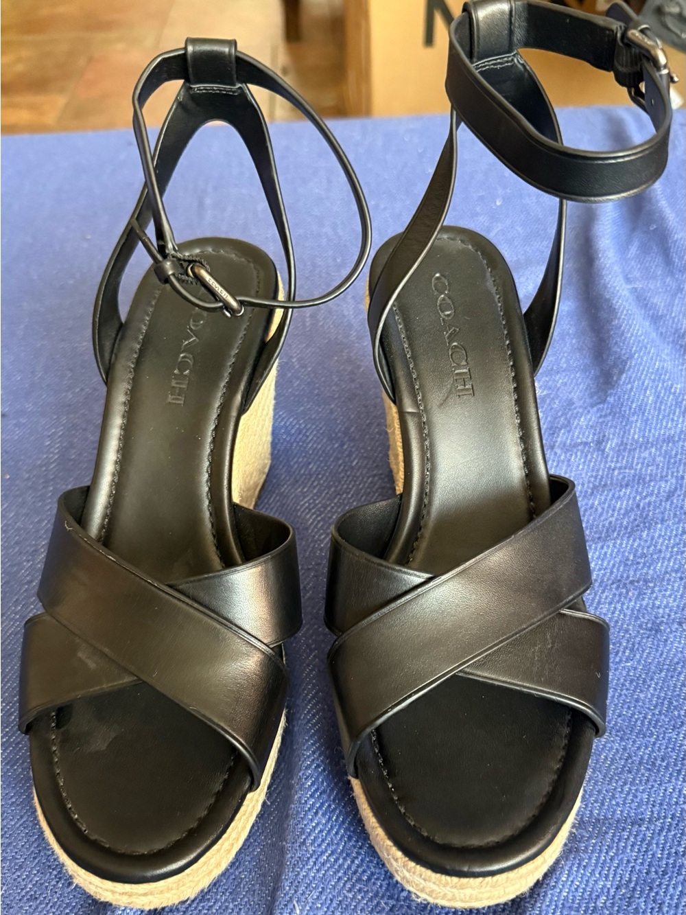 COACH Black Leather Espadrille Wedge Sandals
